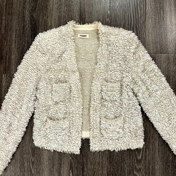 EUC L’AGENCE Cream Bouclé Tweed Open Front Frayed Jacket Sz 8 Silk Blend Cropped - Picture 3 of 16